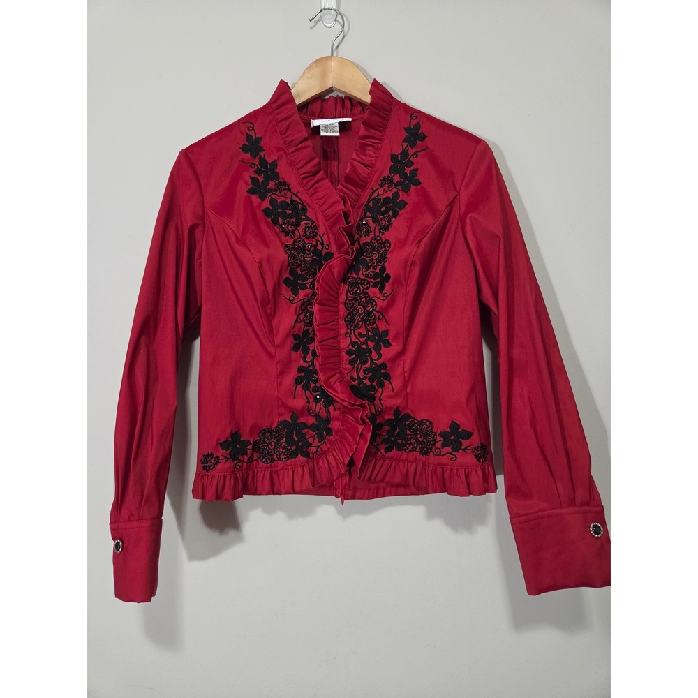 Jackie Jon New York Red Floral‎ Embroidered Ruffle Evening Jacket Womens 10P